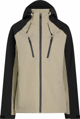 Beige Jacke mit schwarzen Ärmeln und Kapuze, mit Reißverschluss. Beige Jacke mit schwarzen Ärmeln und Kapuze, mit Reißverschluss.