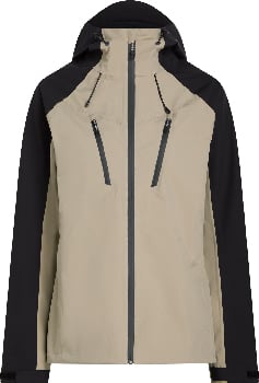 Beige Jacke mit schwarzen Ärmeln und Kapuze, mit Reißverschluss.