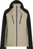 Beige Jacke mit schwarzen Ärmeln und Kapuze, mit Reißverschluss.