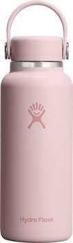 Eine rosa Hydro Flask Flasche mit Logo und Griff.