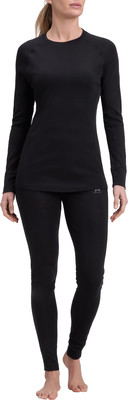 Frau in schwarzer Langarm-Thermo-Unterwäsche und Leggings. Frau in schwarzer Langarm-Thermo-Unterwäsche und Leggings.