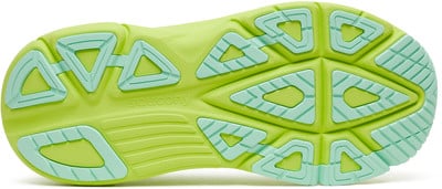 Neongelbe Laufschuhsohle mit türkisfarbenen Dreiecken. Neongelbe Laufschuhsohle mit türkisfarbenen Dreiecken.