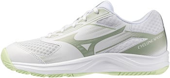 Weißer Mizuno Cyclone Speed 5 Tennisschuh mit grünen Akzenten.