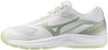 Weißer Mizuno Cyclone Speed 5 Tennisschuh mit grünen Akzenten.