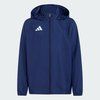 Blaue Kapuzenjacke mit Adidas-Logo auf der Brust.