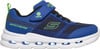 Blauer Kinder-Sneaker von Skechers mit leuchtenden Akzenten und grünen Details.