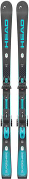 HEAD Supershape Skier mit blauen Akzenten und schwarzen Bindungen.