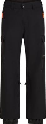 Schwarze Cargohose mit orangefarbenen Details und Beinbündchen.