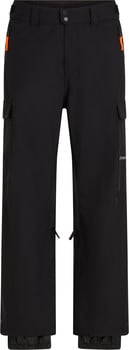 Schwarze Cargohose mit orangefarbenen Details und Beinbündchen.