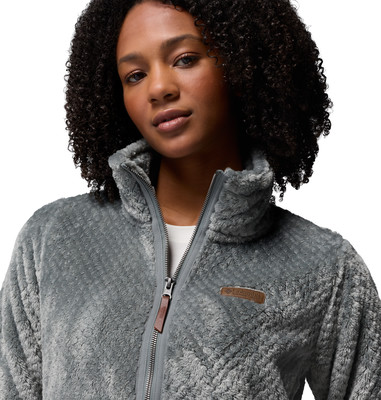 Graue Fleecejacke für Damen mit Lederdetail und Columbia-Logo.