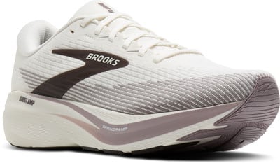 Weiße Brooks-Laufschuhe mit braunem Logo und grauen Streifen an der Zwischensohle. Weiße Brooks-Laufschuhe mit braunem Logo und grauen Streifen an der Zwischensohle.