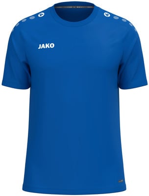 Blaues JAKO Herren T-Shirt mit weißem Logo und Details auf den Schultern. Blaues JAKO Herren T-Shirt mit weißem Logo und Details auf den Schultern.