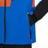Blaue Jacke mit orangefarbenen und schwarzen Einsätzen und Reißverschlusstasche.