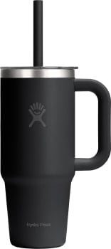 Schwarze Hydro Flask Thermoskanne mit Griff und Strohhalm auf weißem Hintergrund.