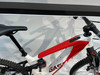 Detail eines Mountainbike-Elektrofahrrads mit weißem Rahmen und roten Akzenten.