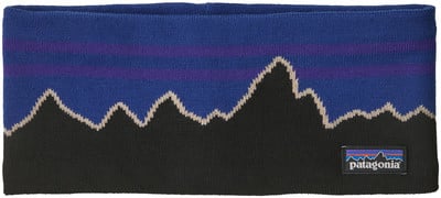 Schwarzes Stirnband mit Bergmotiv und Patagonia-Logo. Schwarzes Stirnband mit Bergmotiv und Patagonia-Logo.