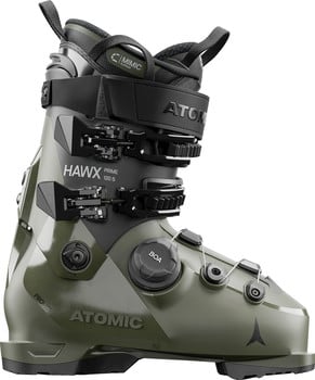 Ein grüner Atomic Hawx Prime Skischuh mit BOA-System und Schnallen.