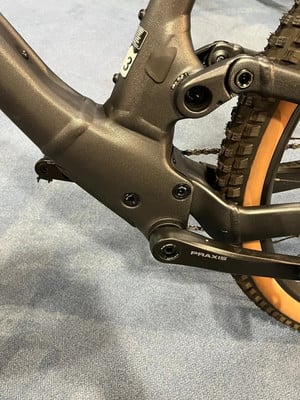 Detail des Hinterradrahmens eines Mountainbikes mit Praxis-Kurbeln. Detail des Hinterradrahmens eines Mountainbikes mit Praxis-Kurbeln.