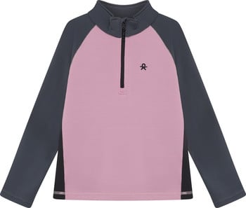 Rosa Pullover mit dunkelgrauen Ärmeln und Logo, Reißverschluss.