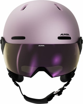 Ein rosafarbener Skihelm mit violettem Visier und Alpina-Logo.