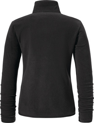 Rückansicht einer schwarzen Fleecejacke mit Stehkragen und langen Ärmeln. Rückansicht einer schwarzen Fleecejacke mit Stehkragen und langen Ärmeln.