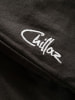 Schwarzes Baumwoll-T-Shirt mit weißer Chillaz-Stickerei.