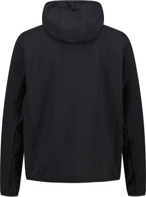 Rückseite einer schwarzen Kapuzenjacke mit feinem Muster.