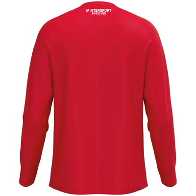 Rotes Langarmshirt mit weißem Logo oben auf dem Rücken.