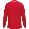 Rotes Langarmshirt mit weißem Logo oben auf dem Rücken.