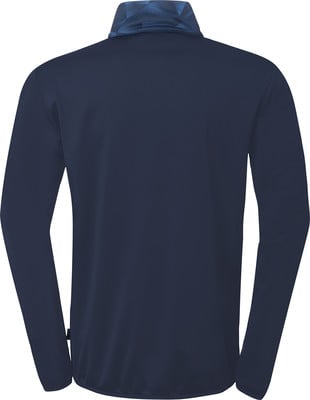 Dunkelblaue Jacke mit langen Ärmeln und buntem Kragen. Dunkelblaue Jacke mit langen Ärmeln und buntem Kragen.