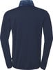Dunkelblaue Jacke mit langen Ärmeln und buntem Kragen.