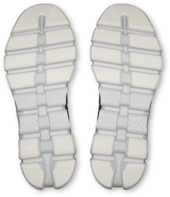 Unteransicht zweier Laufschuhe aus weißem und dunklem Gummi.