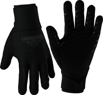 Schwarze Dynafit-Handschuhe mit Logo und rutschfesten Streifen an den Fingern. Schwarze Dynafit-Handschuhe mit Logo und rutschfesten Streifen an den Fingern.