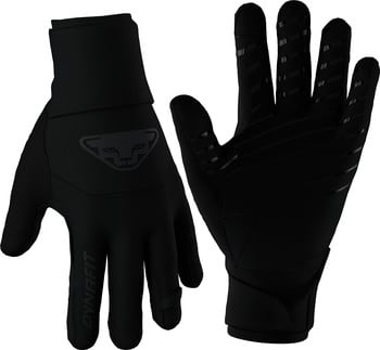 Schwarze Dynafit-Handschuhe mit Logo und rutschfesten Streifen an den Fingern.