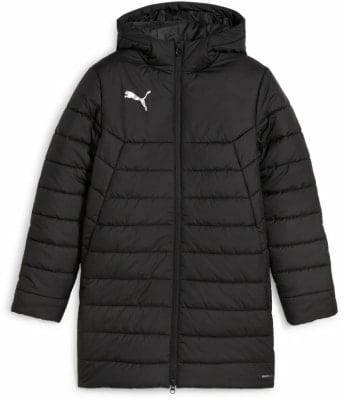Schwarze gesteppte Puma-Jacke mit Kapuze und Logo auf der Brust. Schwarze gesteppte Puma-Jacke mit Kapuze und Logo auf der Brust.