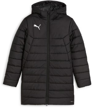 Schwarze gesteppte Puma-Jacke mit Kapuze und Logo auf der Brust.