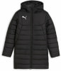 Schwarze gesteppte Puma-Jacke mit Kapuze und Logo auf der Brust.