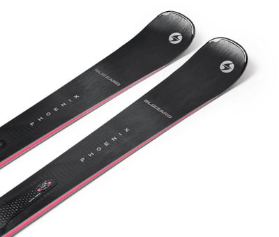 Zwei schwarze Skier mit rosa Streifen und Blizzard-Logo sowie der Aufschrift Phoenix. Zwei schwarze Skier mit rosa Streifen und Blizzard-Logo sowie der Aufschrift Phoenix.