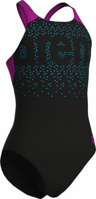 Schwarzer Badeanzug mit pinken Trägern und blauen Punkten. Schwarzer Badeanzug mit pinken Trägern und blauen Punkten.