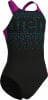 Schwarzer Badeanzug mit pinken Trägern und blauen Punkten.
