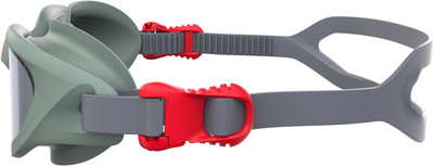 Eine Schwimmbrille mit verstellbarem Band und roten Schnallen.