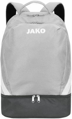 Grauer Jako Rucksack mit weißem Logo und dunklem Boden. Grauer Jako Rucksack mit weißem Logo und dunklem Boden.