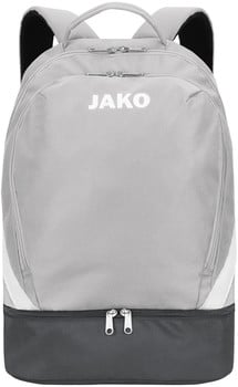 Grauer Jako Rucksack mit weißem Logo und dunklem Boden.