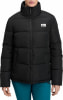 Schwarze Damen-Daunenjacke mit hohem Kragen und Brustlogo.