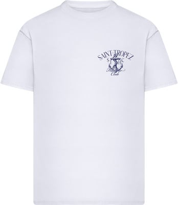 Weißes T-Shirt mit dunkelblauem Anker-Print und Schriftzug Saint-Tropez.