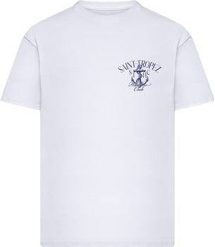 Weißes T-Shirt mit dunkelblauem Anker-Print und Schriftzug Saint-Tropez.