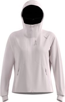 Damen hellrosa Kapuzenjacke mit Reißverschluss und Logo auf der Brust.