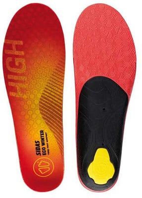 Zwei rote Einlegesohlen mit orange-gelbem Muster und Text. Zwei rote Einlegesohlen mit orange-gelbem Muster und Text.