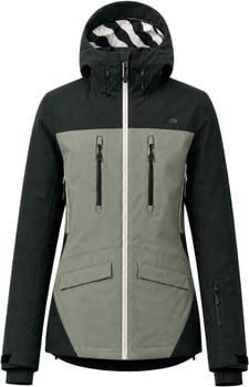 Damen-Winterjacke in Dunkelgrün und Grau mit Kapuze und vielen Taschen.