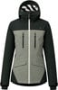 Damen-Winterjacke in Dunkelgrün und Grau mit Kapuze und vielen Taschen.